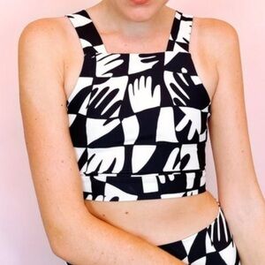 Dazey LA Anthropologie square neck black white abstract handprint sports bra XS